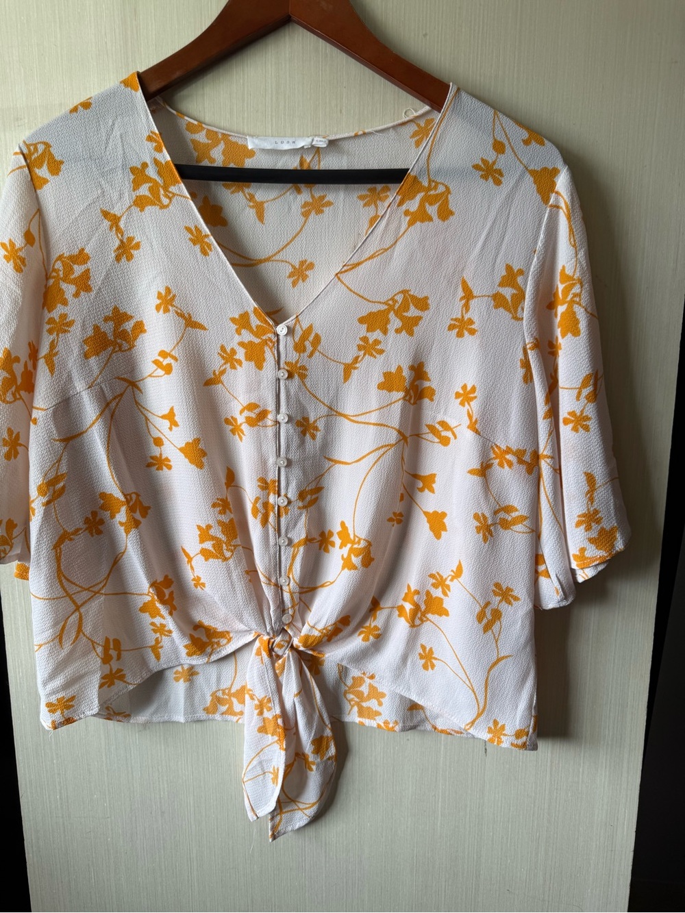Women's White Tie-Front Floral Blouse - Yellow Print